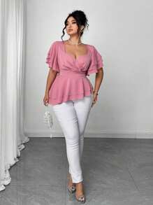 Elenzga Große Größen A-Linien Wickelshirt mit Puffärmeln