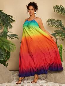 Travachic 加大码女式度假休闲热带风情彩色渐变色吊带裙，夏季长款 - 彩色 - 查看 3