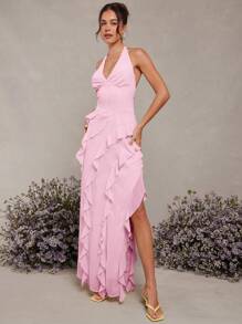 L'Amorae Halter Neck Ruffle Detail Maxi Dress - Pink - View 4
