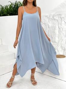 SHEIN Essnce Plus Size Women's Spring And Summer Fashion Elegant Comfortable Loose Vacation Asymmetrical Hem Blue Sling Mid-Length Dress,Sun Dresses For Women,Beach Outfits For Woman,Flowy Dress,Cruise Outfits Women,European Summer,Ibiza Outfits