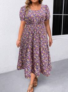 SHEIN LUNE Plus Size Women's Floral Print Square Neckline Summer Dress With Cinched Waist Maxi Women Outfit