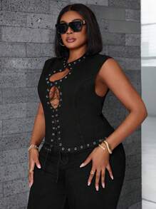 Slaydiva Chaqueta tipo chaleco de jean con tirantes cruzados para tallas grandes - Negro - Ver 5