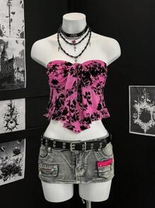 EgrlEra 女式 V 领无袖花卉网眼吊带背心，带蝴蝶结肩带，适合派对、购物、音乐节、Y2K 风格 - 粉色 - 查看 1