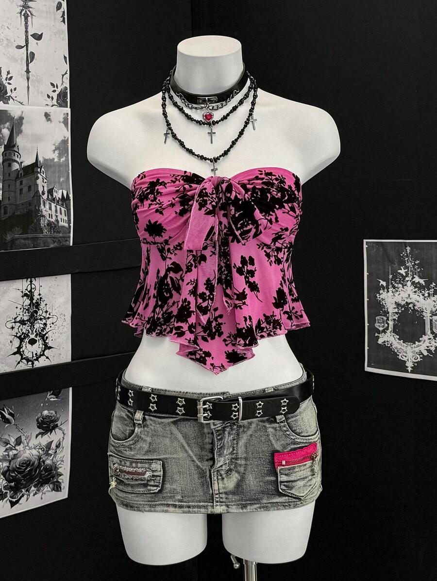 EgrlEra 女式 V 领无袖花卉网眼吊带背心，带蝴蝶结肩带，适合派对、购物、音乐节、Y2K 风格 - 粉色 - 查看 1