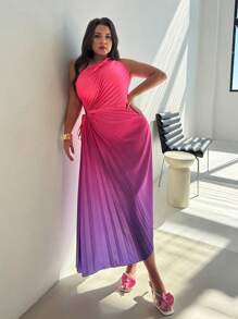 Firerie Women Plus Size Ombre Pleated One-Shoulder Sleeveless Elegant Dress - Multicolor - View 5