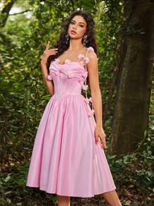 Lovelzi 优雅浪漫浅粉色缎面 3D 花卉系结蝴蝶胸围紧身胸衣 V 形腰部超全裙，适合晚会、舞会、毕业典礼、婚礼、成人仪式、舞会礼服 - 粉色 - 查看 6