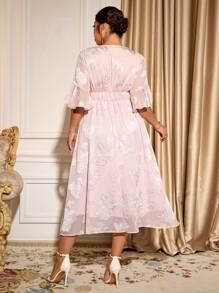 Cravure Plus Size Women Cutout Embroidery Double Pearls Button Dress, Holiday/Vacation Style, Prom - Pink - View 2