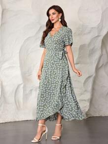 Modelyn French Style Waist-Cinched Printed Long Dress - Green - View 6