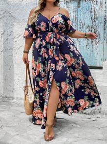 SHEIN CURVE+ Plus Size Romantic Floral Print Wrap Collar Summer Boho Dress, Curve Plus, Boho Vacation Beach Outfits For Woman/Beach Dress/Beach Vacation Outfits/Beach Essentials / Graduation/Tea Party Dress