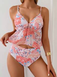 SHEIN Swim Women's Sweet Ditsy Floral Ruffle Trim Adjustable High Waist Camisole Tank Top Bikini For Summer Beach Vacation - Red - View 1