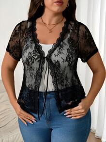 Elenzga Plus Size Women's Vintage Black Lace Top,Front Ruched Tie Crop Tee,Elegant Summer Wedding Guest,Casual Party Music Festival Vacation - Black - View 4