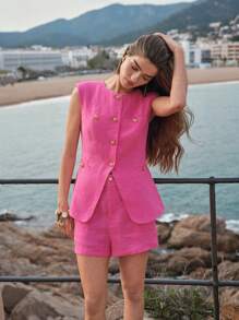 MOTF PREMIUM LINEN BUTTON UP BLAZER - Hot Pink - View 9