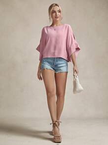 SHEIN LUNE Solid Batwing Sleeve Blouse,Three Quarter Sleeve Tops - Dusty Pink - View 5