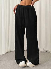 SHEIN EZwear Pantalones casuales de pierna recta con cordón, de textura arrugada y corte holgado para mujer