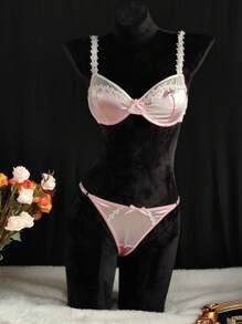 PetitDoll Contrast Lace Underwire Bra & Panty Lingerie Set - Pink - View 6