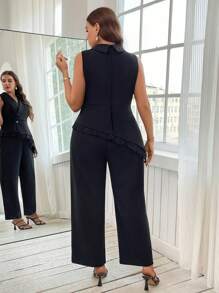 SHEIN Clasi Plus Size Elegant Commuting Lace Patchwork Asymmetric Hem Vest & Long Pants 2 Pieces Set Women Club Outfits Women Outfit Women Work Clothes - Black - View 2