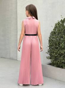 SHEIN Nova Glow Tween Girls Solid Lapel Collar Sleeveless Jumpsuits With Pleated Design, Urban Elegant Style - Baby Pink - View 2