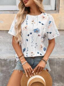 EMERY ROSE Áo thun tay ngắn xẻ lưng rộng rãi thoải mái cho nữ, áo vải dệt kim in họa tiết jacquard cho mùa hè - Nhiều màu - Xem 2