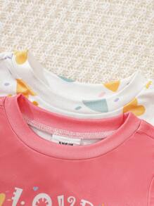 3pcs Baby Girl Snug Fit Crew Neck Short Sleeve, Long Sleeve Top And Long Pants Set, Colorful Heart Print, Comfortable Soft Fabric, Suitable For All Seasons Home Wear - Multicolor - View 5