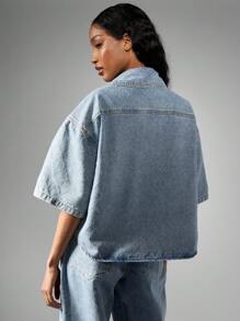 MISSGUIDED Oversized Diamond Quilted Denim Shirt Short Sleeve Button Down Top Spring Summer Fashion Casual Loose Fit Workwear Streetwear Utility Style - Blue - View 2