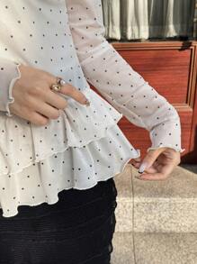 FRIFUL 女式透明波尔卡圆点印花长袖荷叶边下摆衬衫，夏秋季上衣