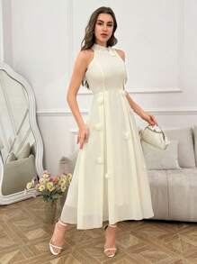 Modelyn Sleeveless Tie Knot 3D Flower Long Dress For Women - Apricot - View 4
