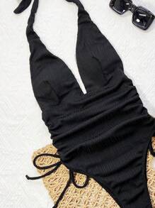 Swim SXY Women's Summer Beach Wear Outfits, French Texture Fabric Strappy Tie-Front Side Ruched Monokini Swimsuits - Black - View 5