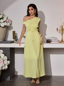 Modelyn Vestido con estampado floral, cuello de pie asimétrico para los hombros de la mujer, estilo romántico, elegante y encantador, para la primavera