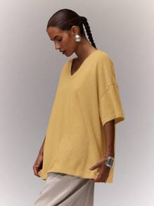 MUSERA V领宽松上衣 宽松T恤 机场度假 返校季 秋季 优雅 夏季 春季 节日 波西米亚风 - 黃色 - 查看 3