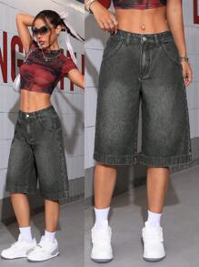 SHEIN Tall Women Fashionable Wide Leg Denim Pants, Suitable For Summer - Grey - View 1