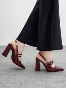 CUCCOO BIZCHIC Burgundy Pointed Toe Thick Heeled Strap Women Casual Shoes, Simple Basic Commute, Date, Party, Holiday For Christmas Spring Shoes - Burgundy - View 4