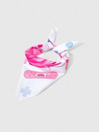 Anime 1pc Cute Cartoon Nurse Girl Printed Small Square Scarf, Versatile Fashion Accessory With Bandage And Syringe Elements