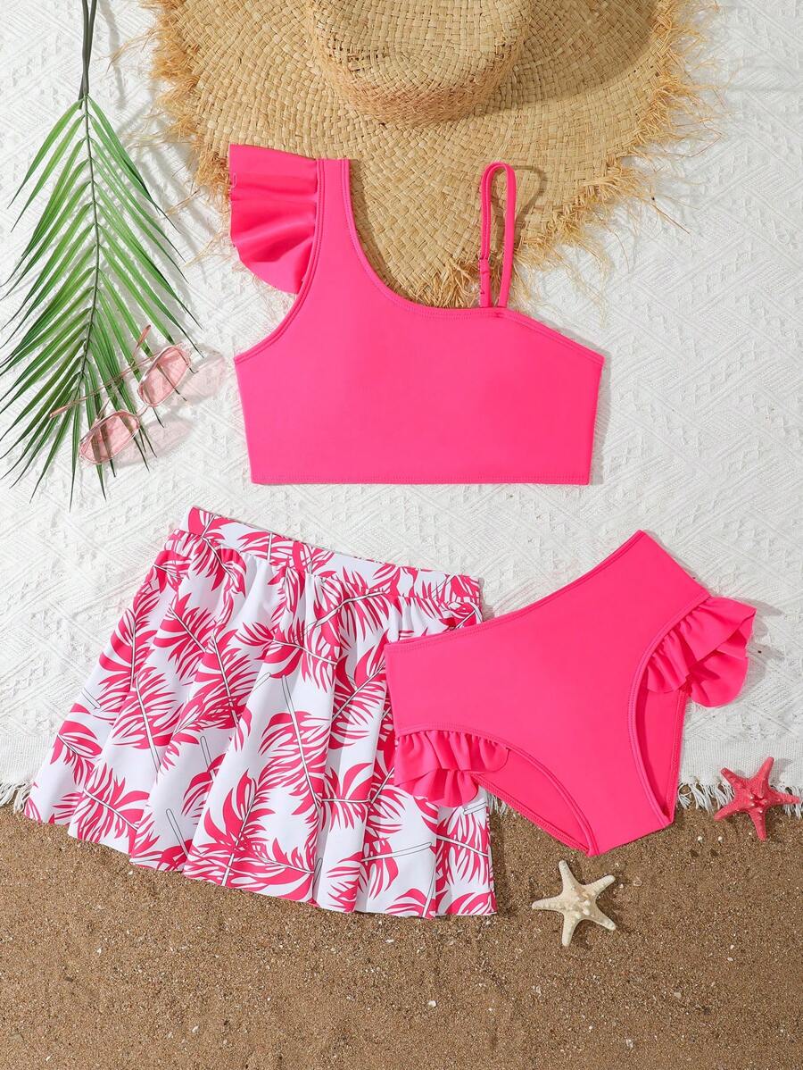 Tween Girl Pink Summer Tropical Ruffled Bikini Set With Skirt,Modest 3 Pieces Swimwear For Teens,Pool Party Vacation Holiday Beach Bathing Suits - Pink - View 1
