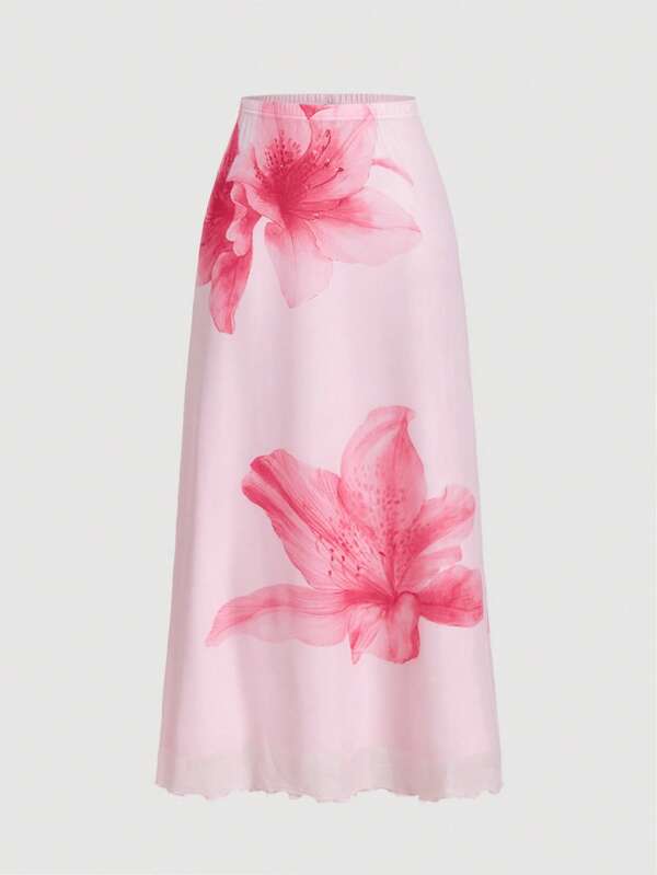 SHEIN MOD Women's Pink Floral Print Knit Skirt