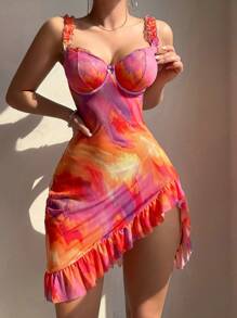 Eraneu 2pcs/Set Colorful Tie-Dye Mesh Print Ruffle Hem Sleepwear Dress + G-String Panty - Multicolor - View 4