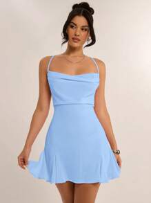 SHEIN BAE Vestido corto de verano con volantes, cuello swing, espalda descubierta y tirantes cruzados en color rosa pálido liso, adecuado para uso diario, citas nocturnas, salidas nocturnas, fiestas, reuniones, fiestas de piscina, vuelta al cole, vacaciones, festivales de música, festivales de música country y conciertos. - Celeste - Ver 6