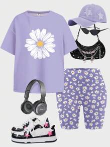 SHEIN Leap Crew Bộ 2 món áo thun tay ngắn dáng rộng thoải mái họa tiết hoa cúc Bohemian cho bé gái tuổi teen và quần đùi đạp xe, thích hợp cho kỳ nghỉ hè - Nhiều màu - Xem 2