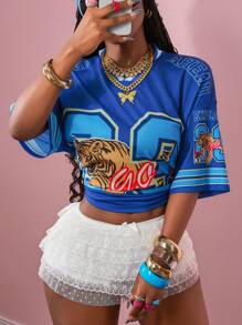 Slaydiva 2025 Autumn & Winter New Arrivals, Women's Street Style Fall/Winter Clothes, Plus Size, Casual Street Daily Date Outfit: V-Neck Short Sleeve Loose Numeric Tiger Print T-Shirt + Layered Lace Ruffle Mini Skirt Shorts, Women Lounge Sets - Blue and White - View 4