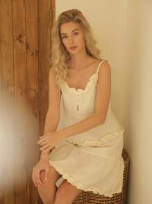 Lullawish 女式简约纯色荷叶边下摆休闲连衣裙，夏季家居服，节日季 - 米色 - 查看 6