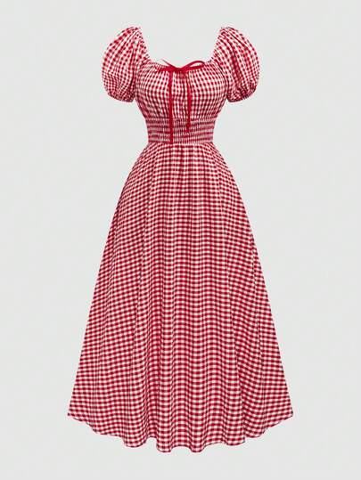 Sweetra Plus Size Summer Casual Pläd Midi-klänning med puffärm