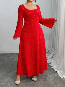 Elenzga Vestito lungo elegante da donna con maniche lunghe, scollo a U, decorato con perline, adatto a taglie forti