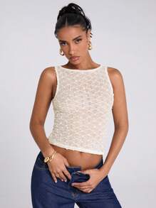 SHEIN BAE Áo tank top nữ mùa xuân hè, kiểu dáng thường ngày, chất liệu xuyên thấu, chất liệu móc len, phong cách moto boho, tay lưới, thích hợp cho các hoạt động ngoài trời, lễ hội âm nhạc, trang phục phương Tây. - trắng - Xem 6