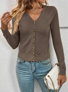 SHEIN Frenchy 女士纯色长袖单排扣开衫，酒红色，秋冬针织毛衣