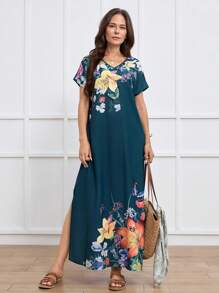 EMERY ROSE V-Neck Short Sleeve Floral Print Side Slit Dress, Resort Vacation Style For Women, Spring & Summer - Green - View 1