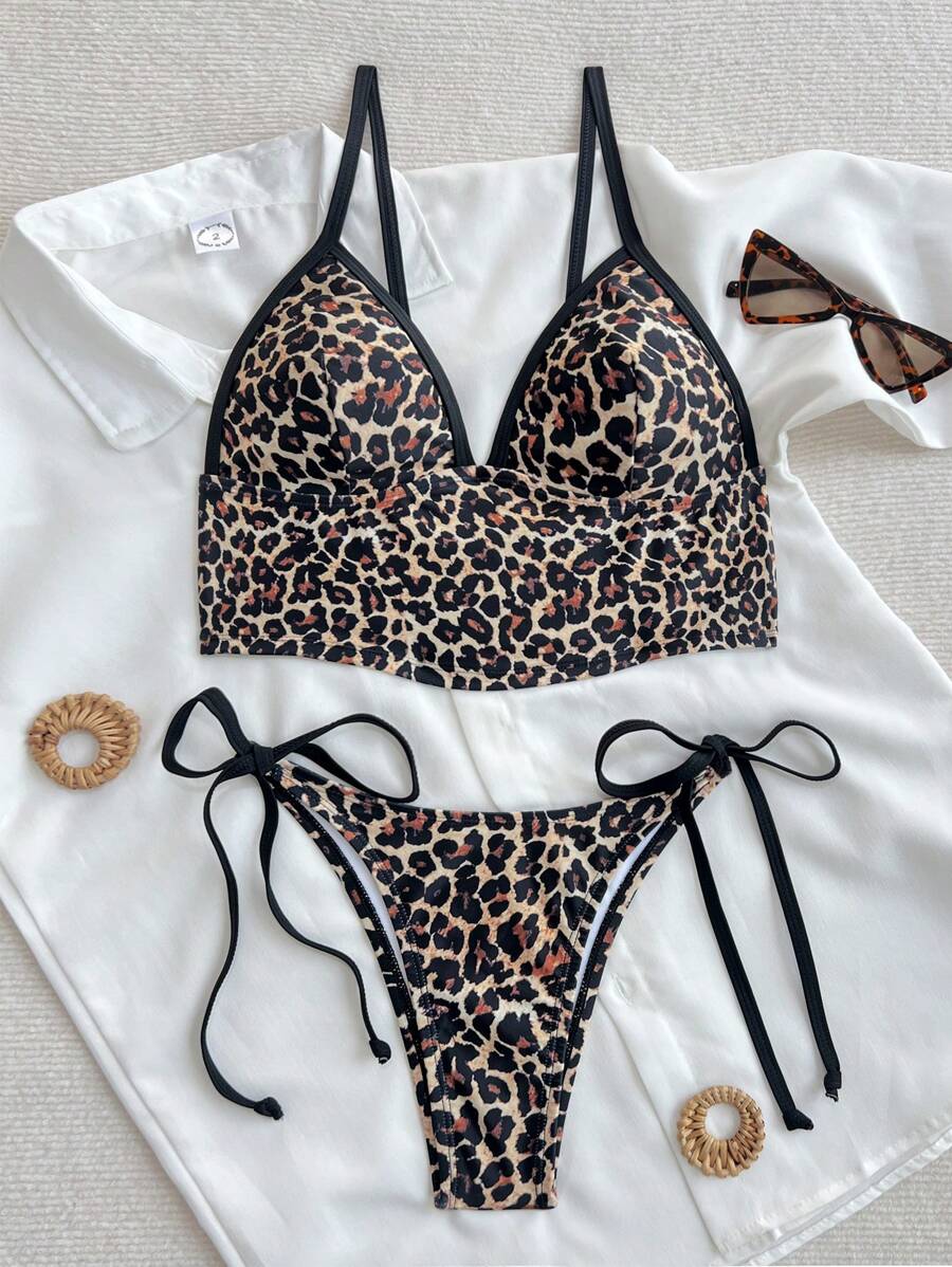 Swim Vcay 女士海滩度假随机豹纹 V 领性感系带背心比基尼 - 彩色 - 查看 1