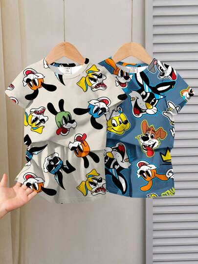 SHEIN 两件套男童休闲可爱卡通动物印花短袖圆领T恤和短裤运动套装，适合夏季穿着