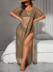 Slaydiva 加大码网眼罩衫纯色休闲泳衣罩衫，适合夏季