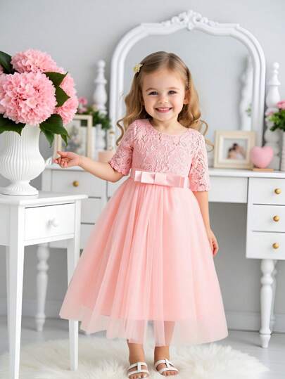 Glamorique Kids Flower Young Girl Party Birthday Wedding Dress, Girls Pink Jacquard Floral Elegant Dress, Round Neck Midi Tulle Dress For Formal Occasions, Stage Performances, Piano Recitals, Hosting Events, And Photo Shoots To Make It More Natural And Beautiful Classy Girl Dresses Elegant Dresses For Girl