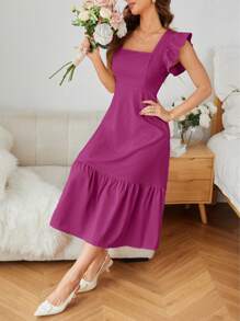 Aveloria Rosie Vestido de vacaciones para mujer de color liso con escote cuadrado, volantes en los brazos y en el bajo