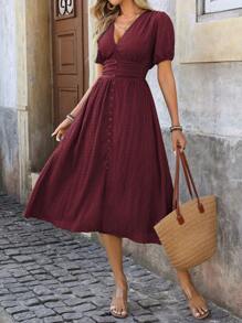 SHEIN Clasi Women's Cinched Waist Puff Sleeve Textured Long Dress - Burgundy - View 4